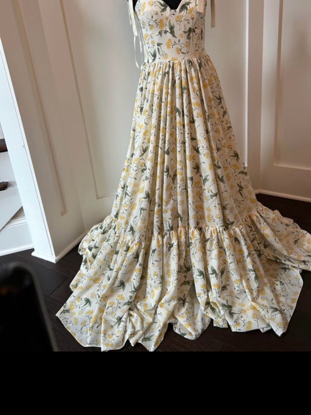 Flowing Cream Maxi Skirt with Yellow Floral Print